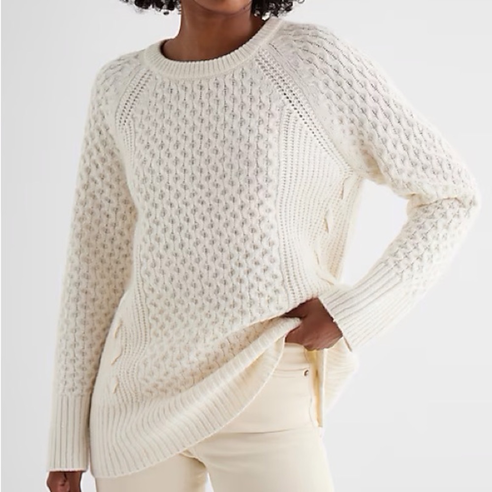 Express London Women XS Ivory Lace-Up Details Cable Knit Crew Neck Tunic Sweater